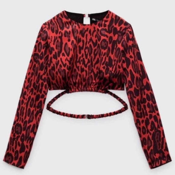 Zara red and black cheetah cropped long sleeve blouse with wrap waist - Picture 1 of 5